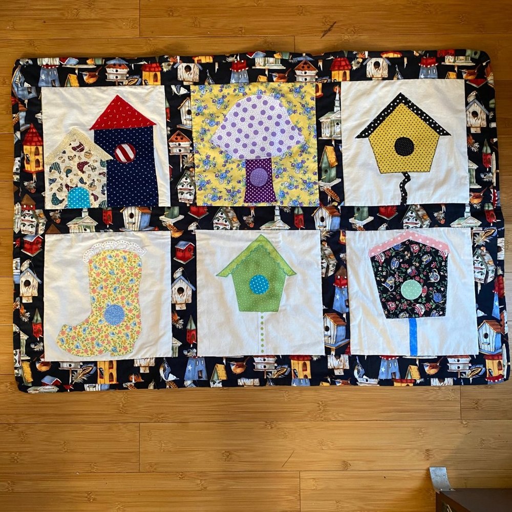 Birdhouses applique quilt wall art embroidered polka dot‎ floral 37x25